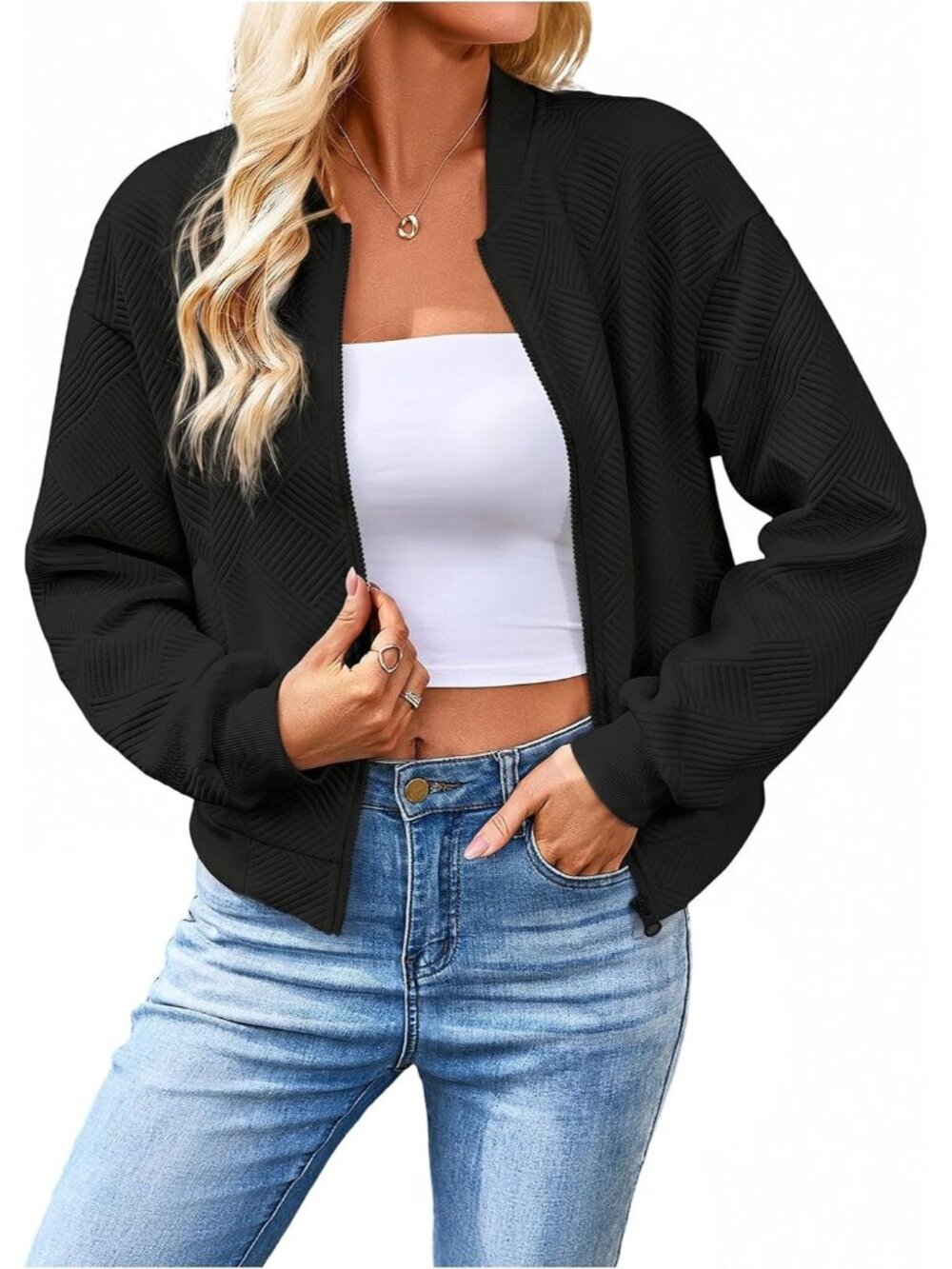Women's Plain Black Ribbed Cuffs Long Sleeve Baseball Neckline Bomber Jacket